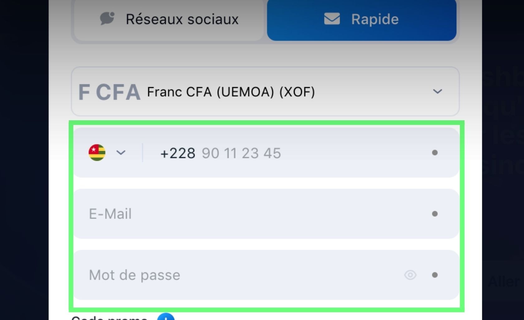 1win Togo Complétez vos coordonnées